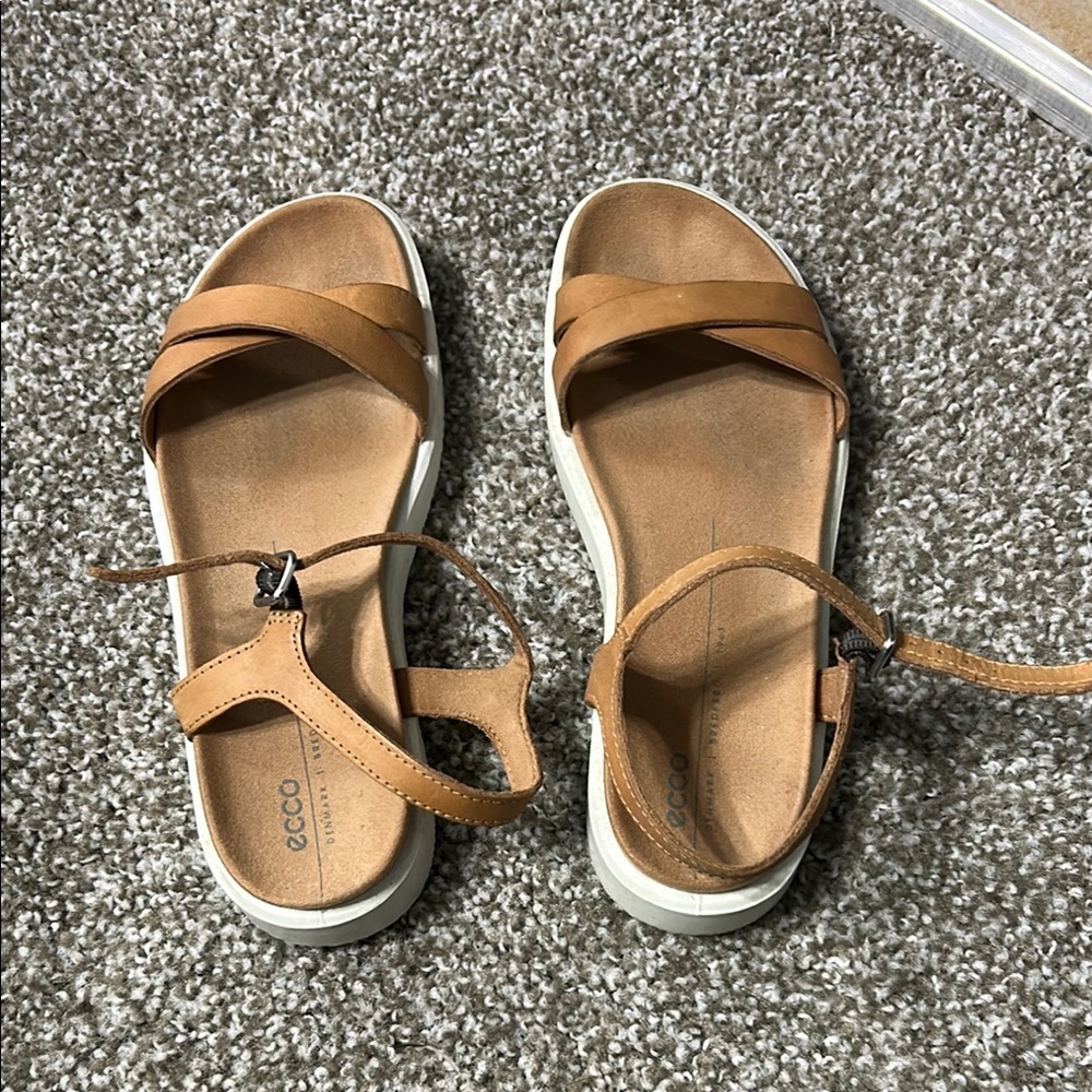 Ecco Tan Sandals with Ankle Strap and Cushioned Footbed